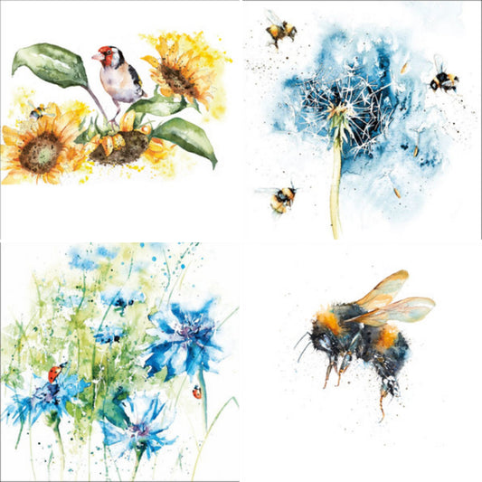 Birds , flowers, ladybirds and bees( 4 cards)