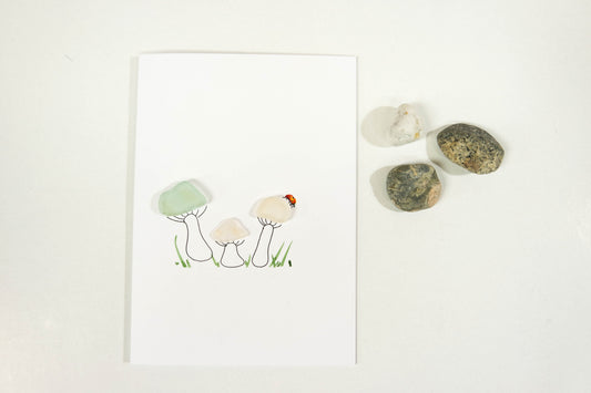 Sea Glass Card Hand made by Eliza , A fungi to be with and a watercolour ladybird ! (single card)