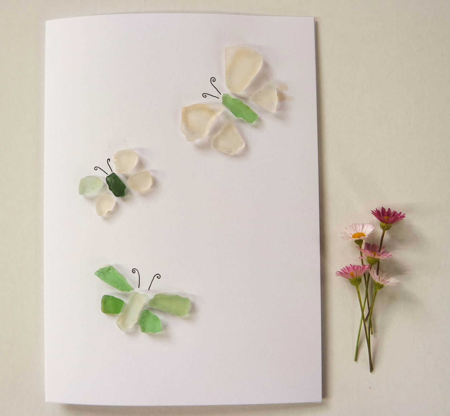 Sea Glass Card Hand made by Eliza 3 butterflies ! (single card)