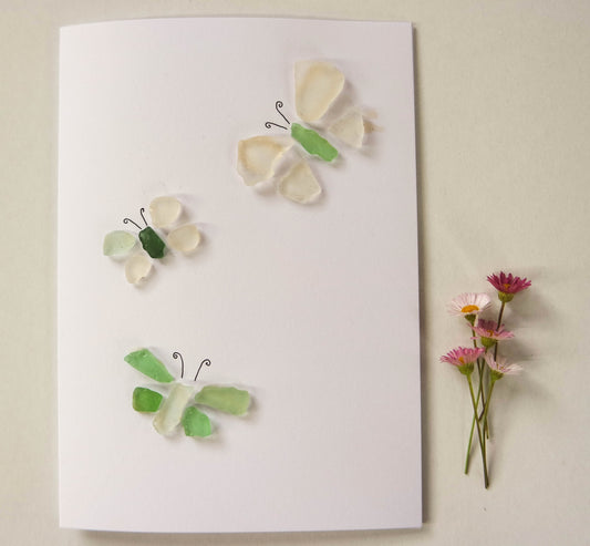 Sea Glass Card Hand made by Eliza  3 butterflies  ! (single card)