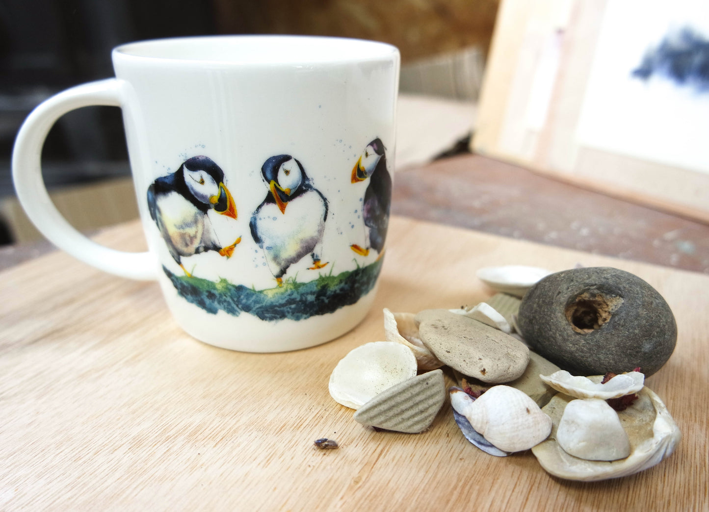 Three Dancing Puffins Fine Bone China Mug UK delivery ONLY