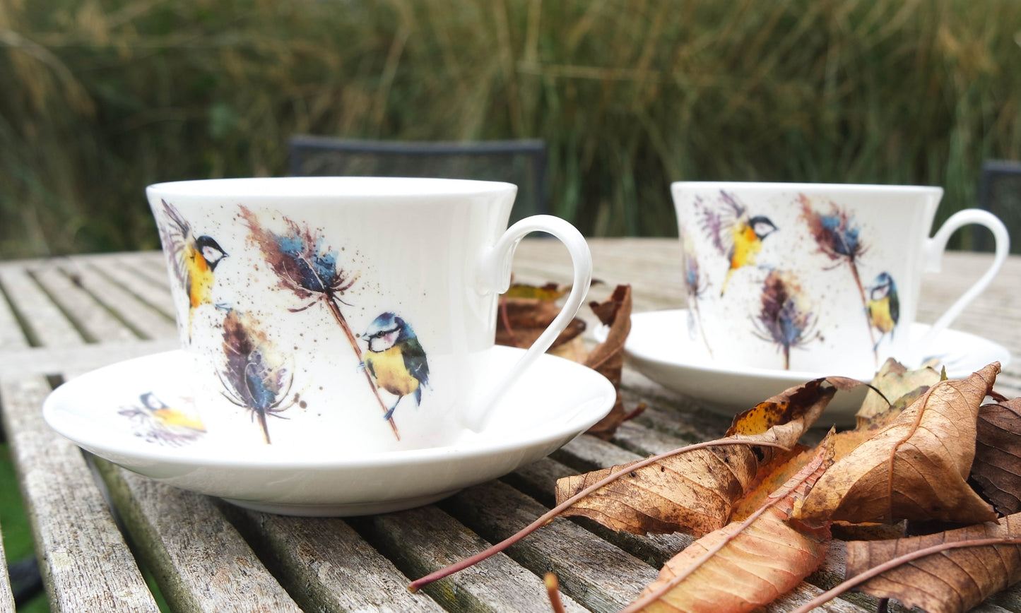Birds on Teasels Set of 2 Fine Bone China Large Breakfast Cup and Saucers, UK delivery ONLY