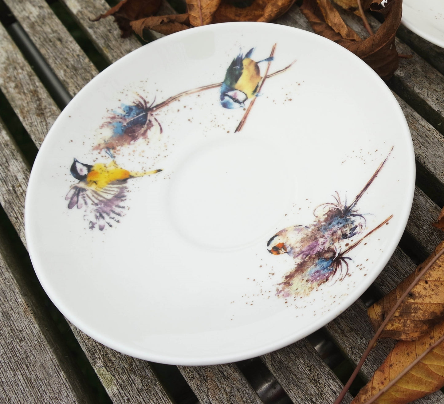 Birds on Teasels Set of 2 Fine Bone China Large Breakfast Cup and Saucers, UK delivery ONLY