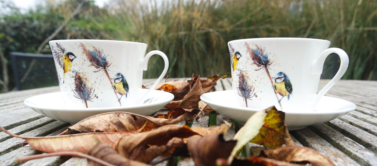 Birds on Teasels Set of 2 Fine Bone China Large Breakfast Cup and Saucers, UK delivery ONLY