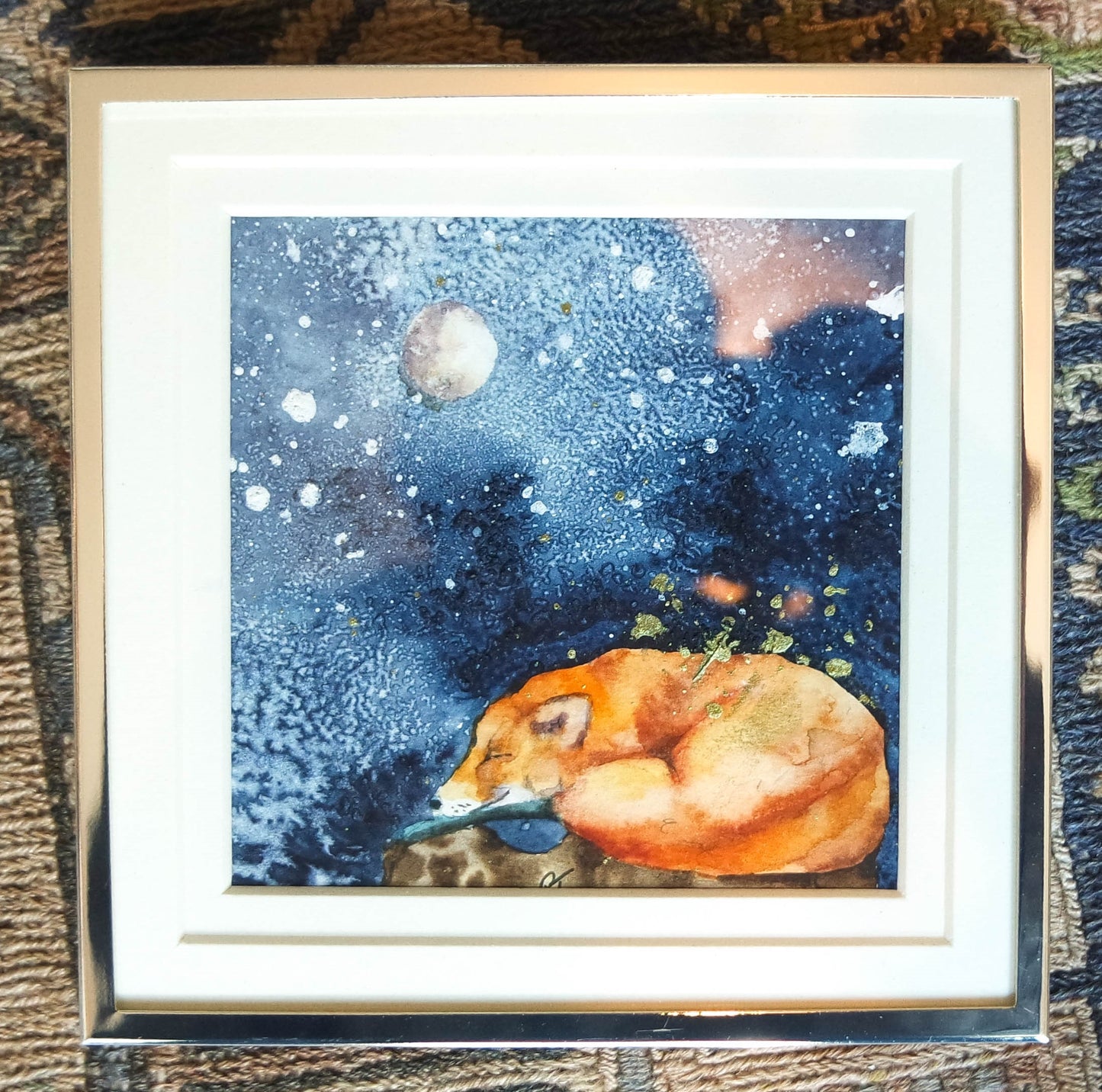 'Sleeping Midnight Fox' , a small  original framed in a silver  plated frame ***UK customers ONLY