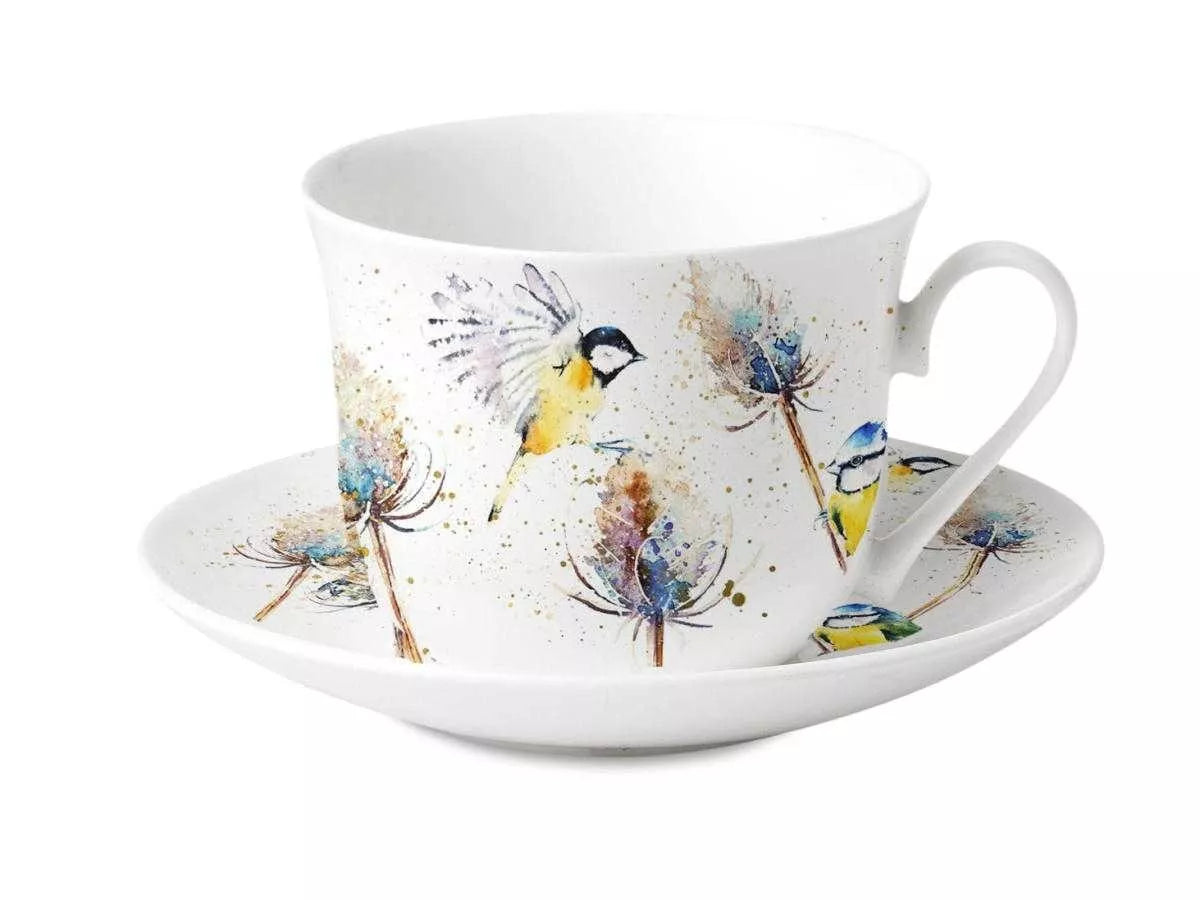 Birds on Teasels Set of 2 Fine Bone China Large Breakfast Cup and Saucers, UK delivery ONLY