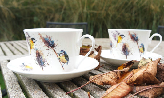 Birds on Teasels Set of 2 Fine Bone China Large Breakfast Cup and Saucers, UK delivery ONLY