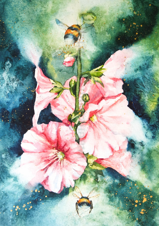 Hollyhocks and busy bumbles