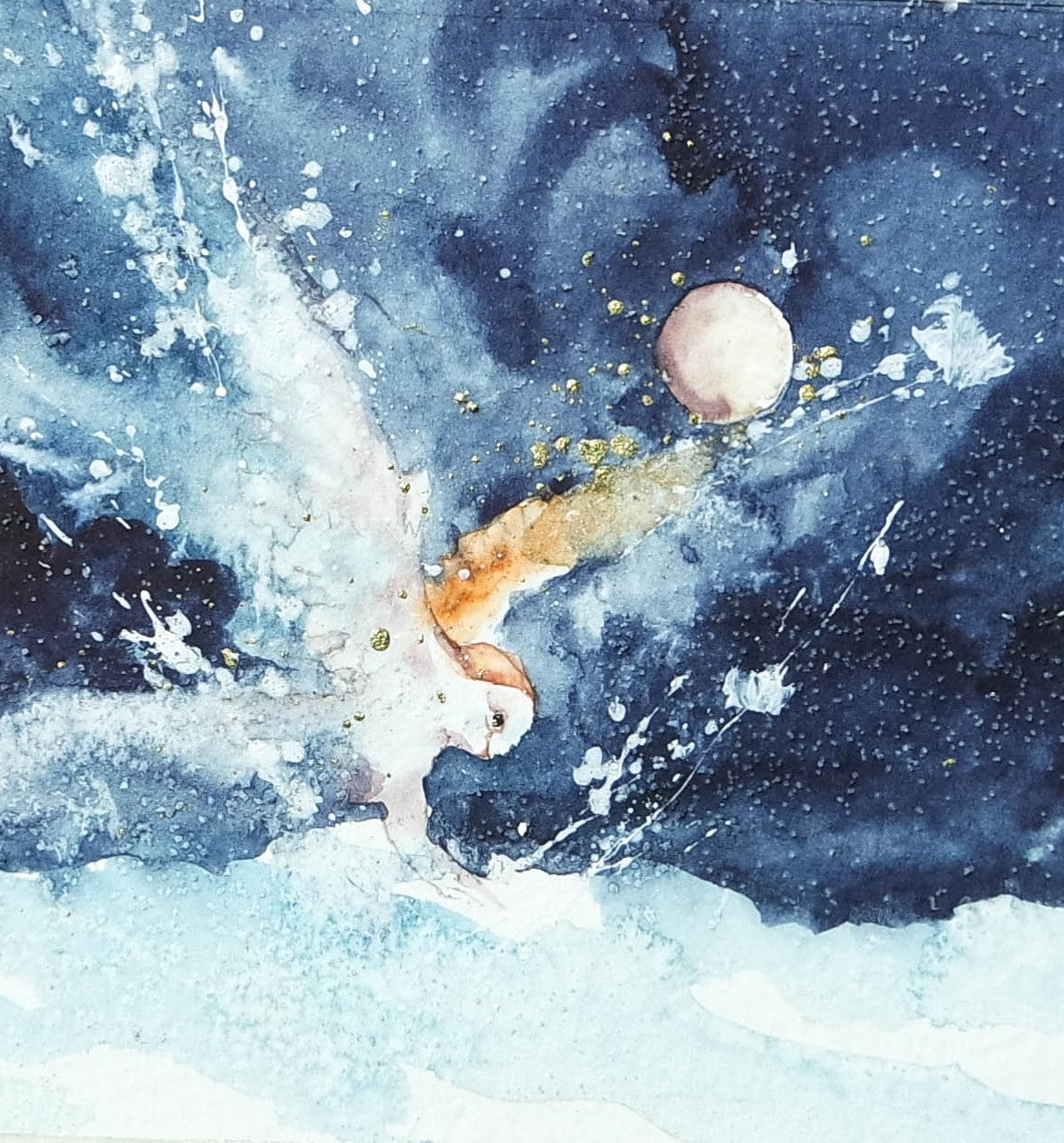 'Owl Landing ' , a small  original framed in a silver  plated frame ***UK customers ONLY