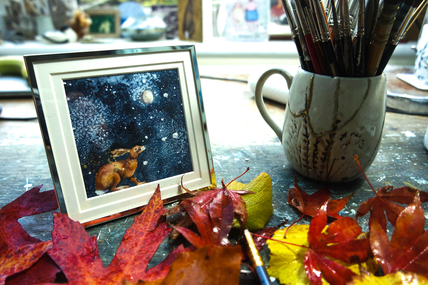 'Moon Hare' , a small  original framed in a silver  plated frame ***UK customers ONLY