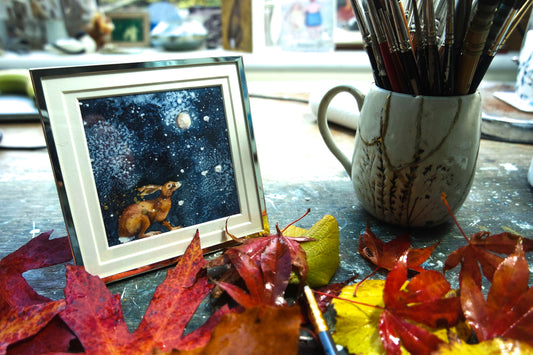 'Moon Hare' , a small  original framed in a silver  plated frame ***UK customers ONLY