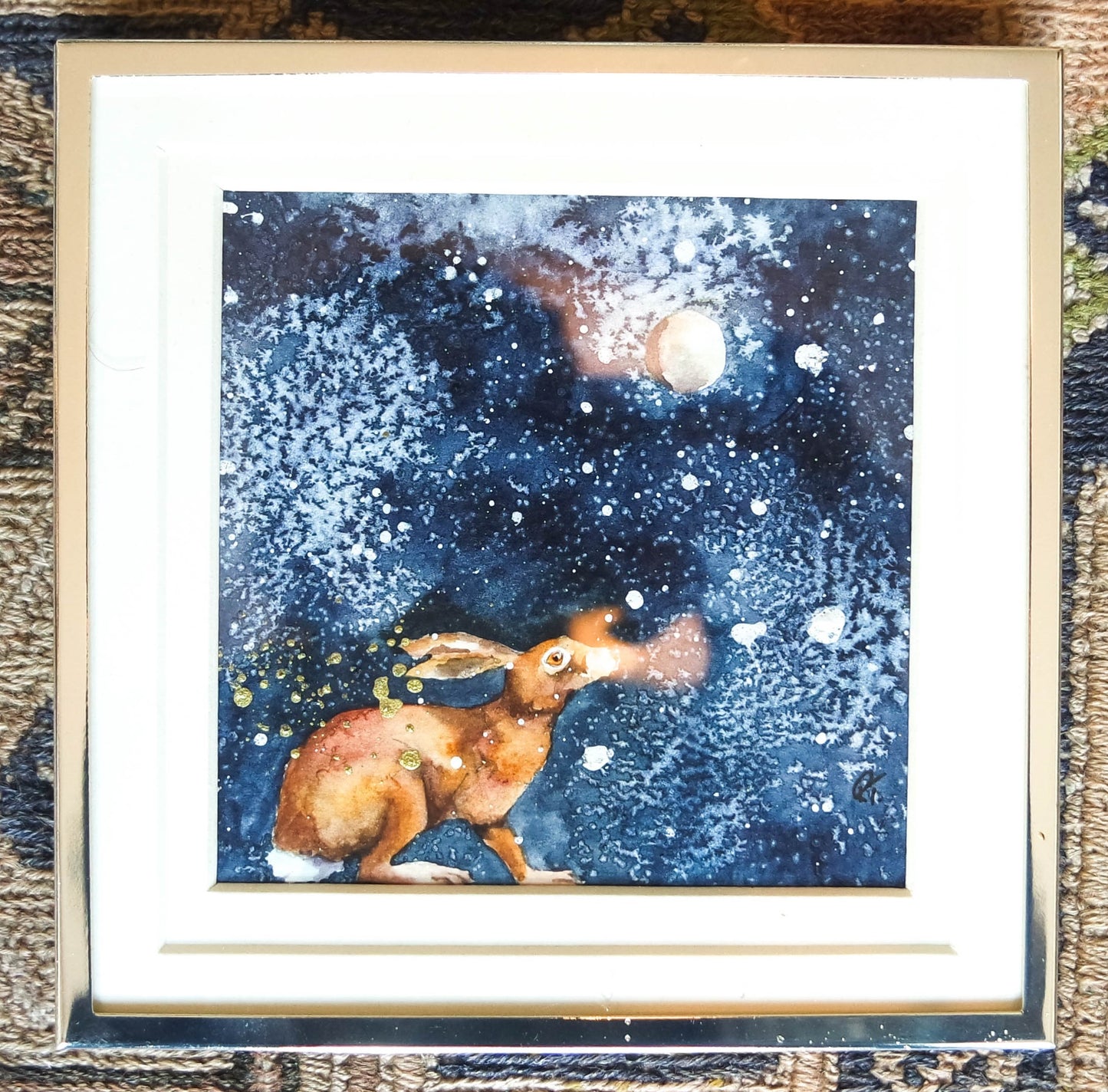 'Moon Hare' , a small  original framed in a silver  plated frame ***UK customers ONLY