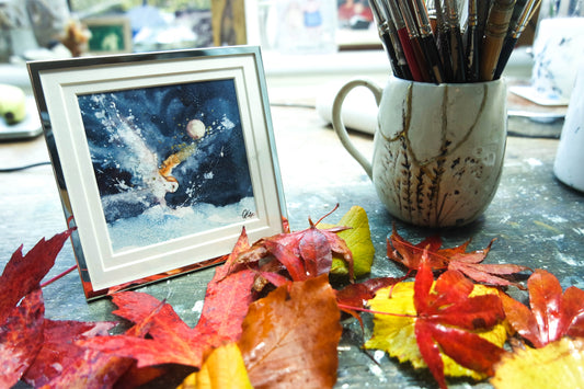 'Owl Landing ' , a small  original framed in a silver  plated frame ***UK customers ONLY