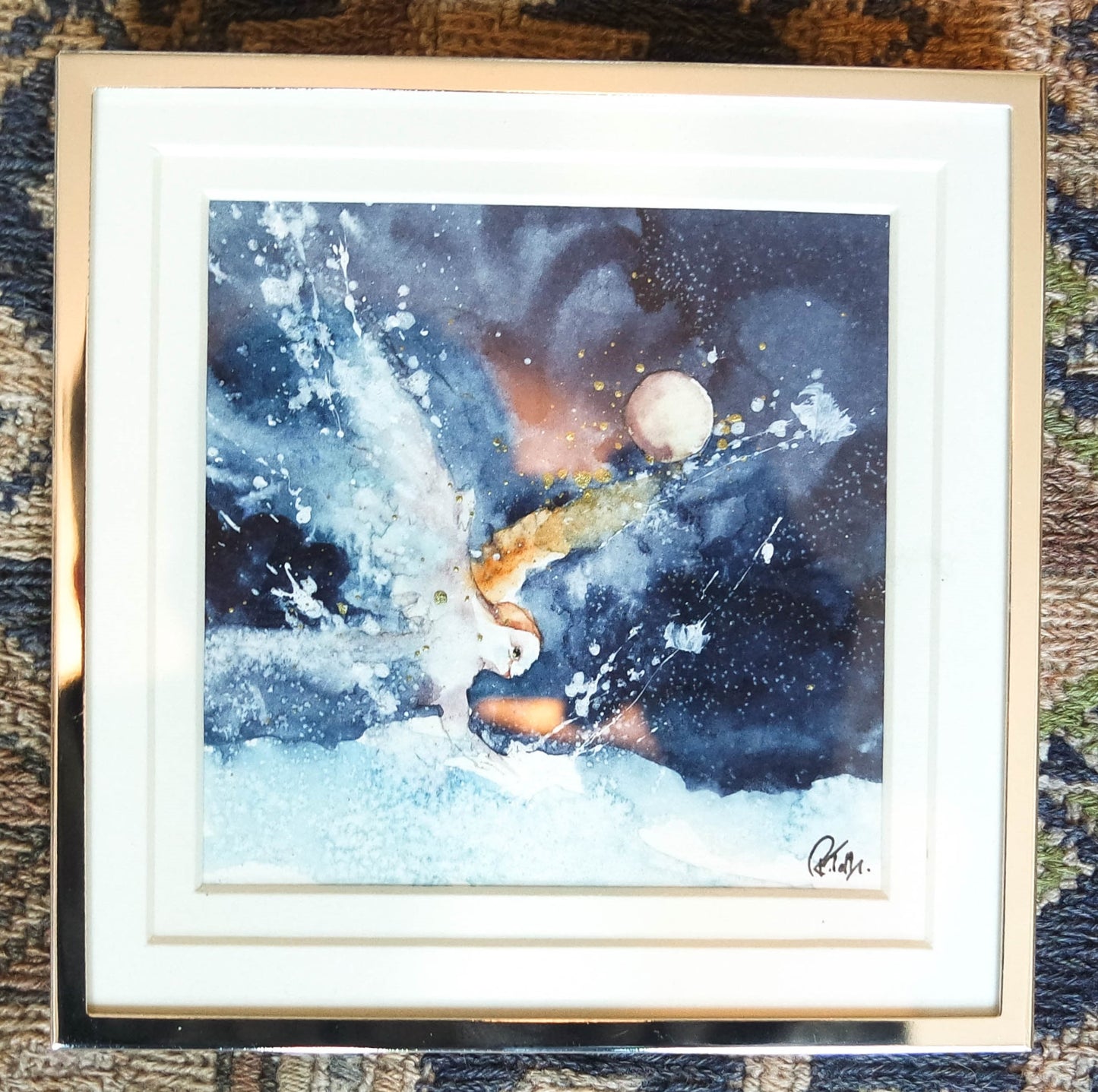 'Owl Landing ' , a small  original framed in a silver  plated frame ***UK customers ONLY