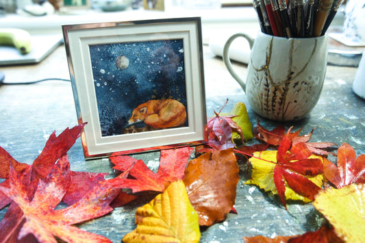 'Sleeping Midnight Fox' , a small  original framed in a silver  plated frame ***UK customers ONLY