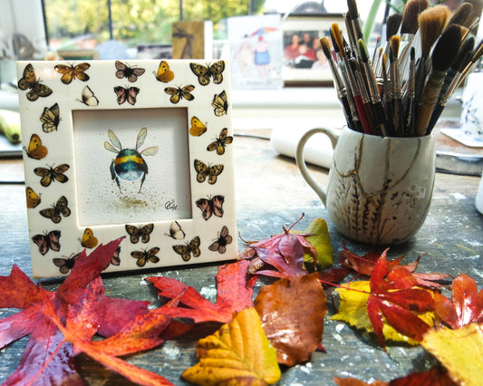 'Bumble Bee Bum' , a small original framed in a butterfly frame ***UK customers ONLY