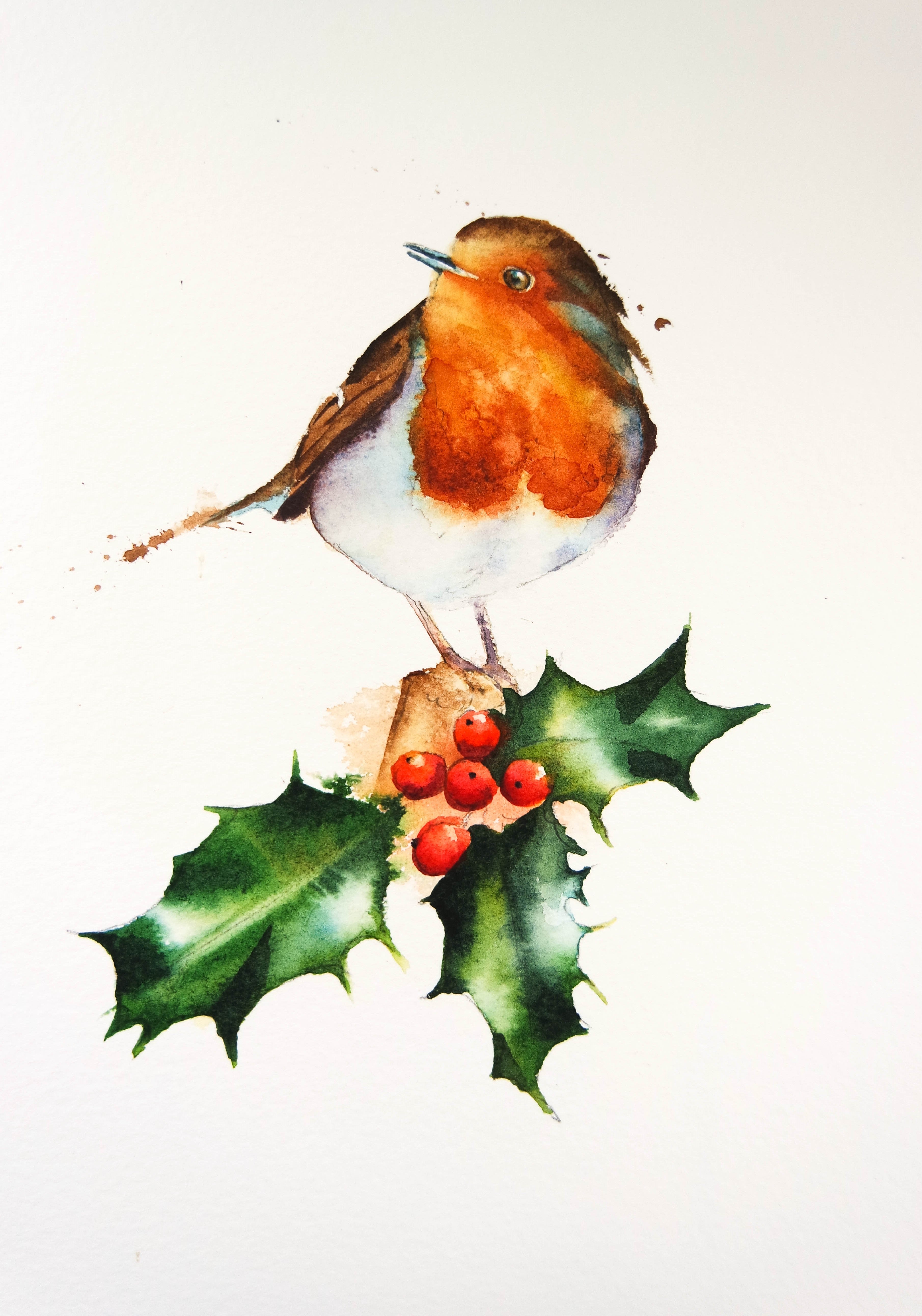 British Robin Abstract Holly Robin (limited edition signed print ) – watercolours by rachel